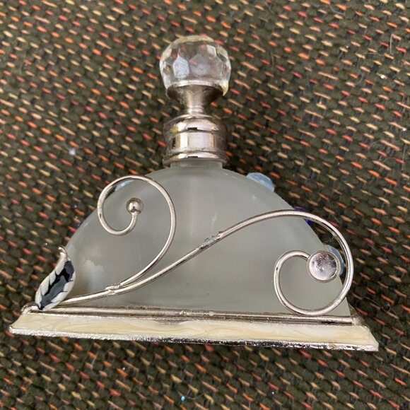 Perfume Bottle With Stopper & Jeweled Holder -Frosted Glass. Rhinestone, flower - Picture 3 of 3